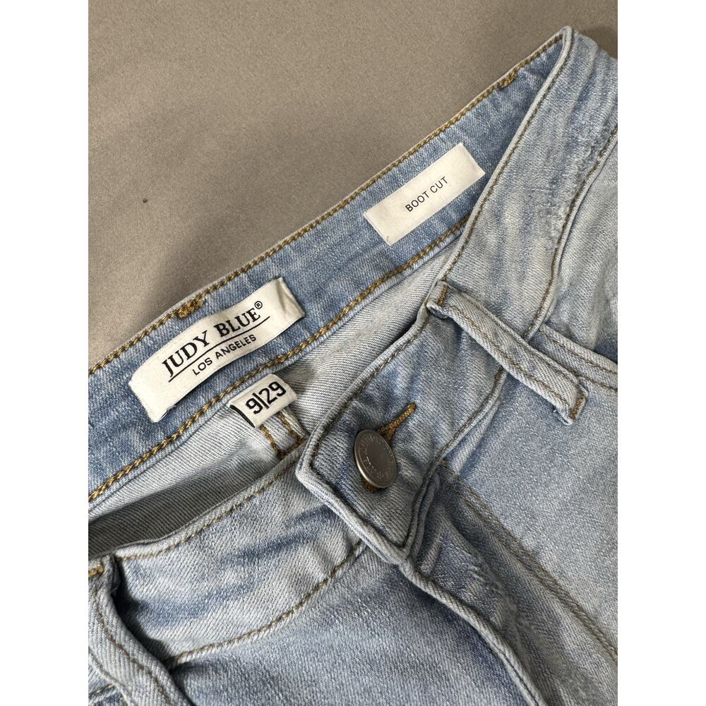Judy Blue Bootcut Denim Jeans Light Blue Distressed Frayed Hem Button Zip